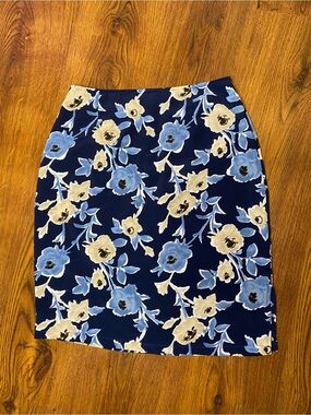 🌷 Zig Zag 🌷 90s Vintage Navy Floral Pencil Skirt - Blue & Cream